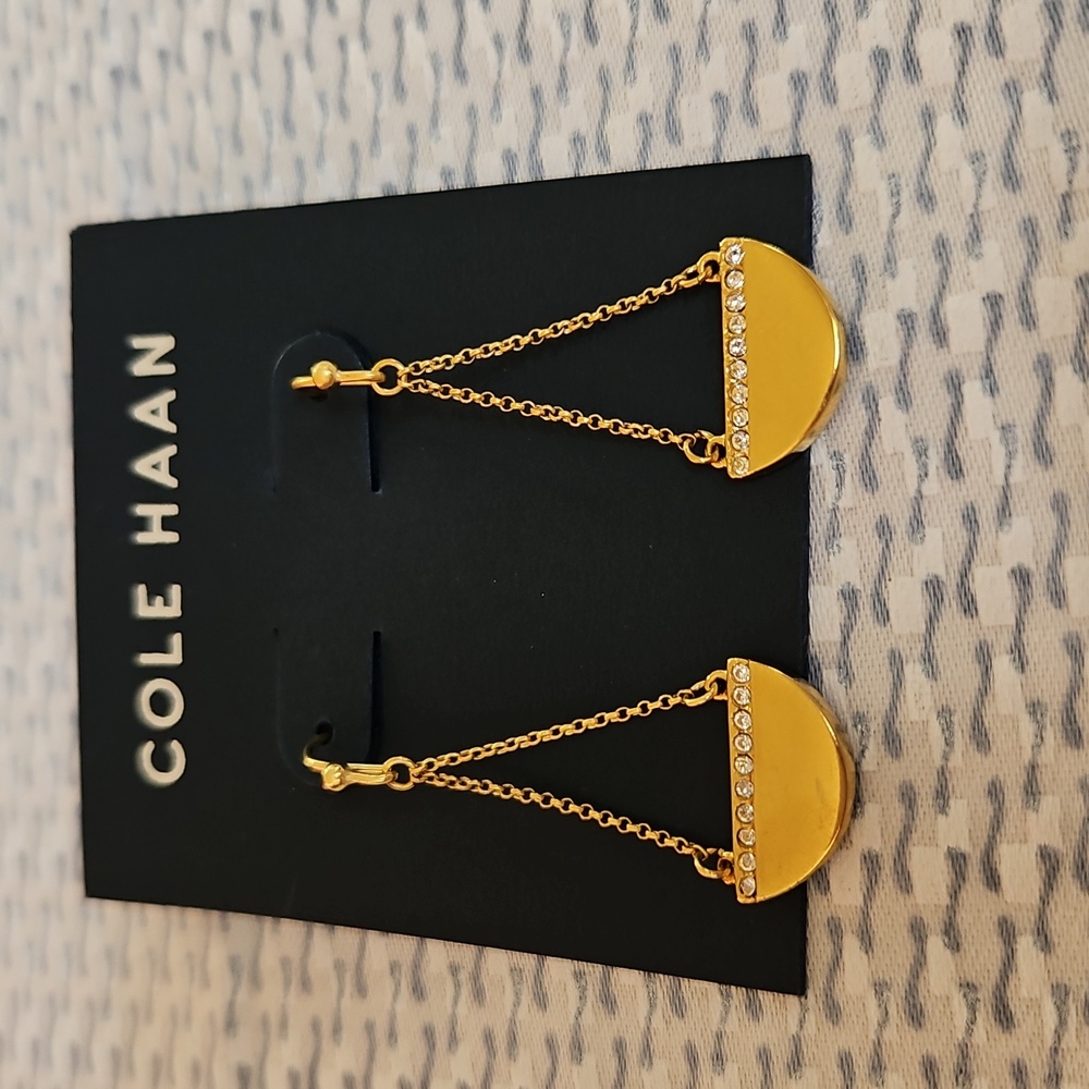 Cole Haan Madison Ave Pave Crystals Half Moon Drop Earrings 12k Gold Plated NWT
